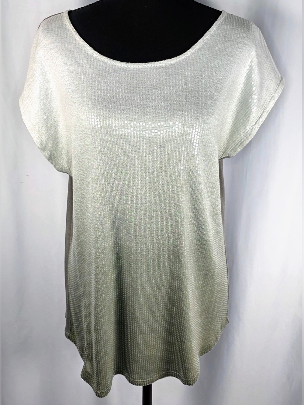 Olive Green Sequin Front Top Dolman Sleeve Lightweight Blouse Large